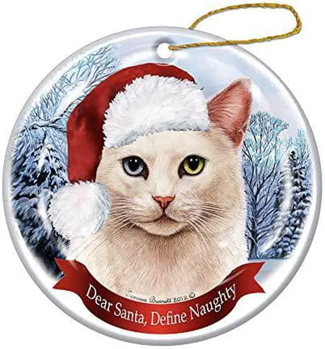 Main image of Holiday Gift White Shorthair Cat Odd Eyes Santa Hat Porcelain Christmas Ornament
