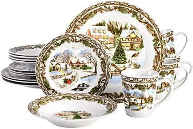 Main image of Gibson Home Christmas Toile 16 Piece Dinnerware Set, Multicolor -
