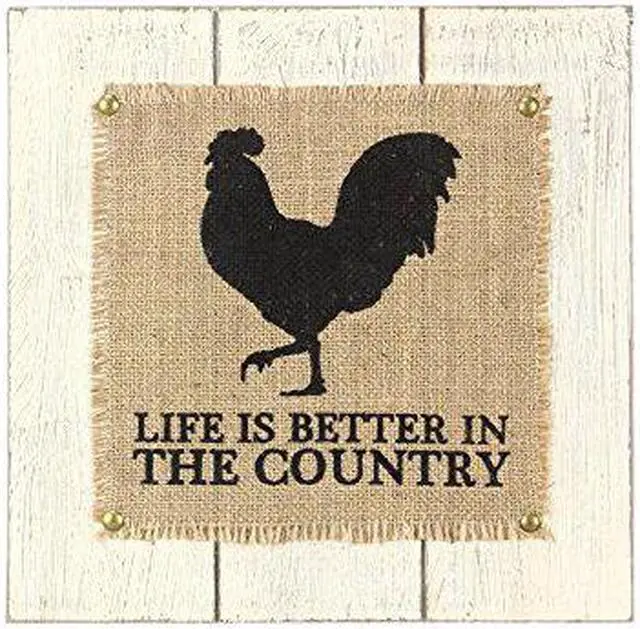 Alt view image 2 of 2 - Black Rooster Life Is Better in Country Wood and Burlap 11 Inch Wall Sign