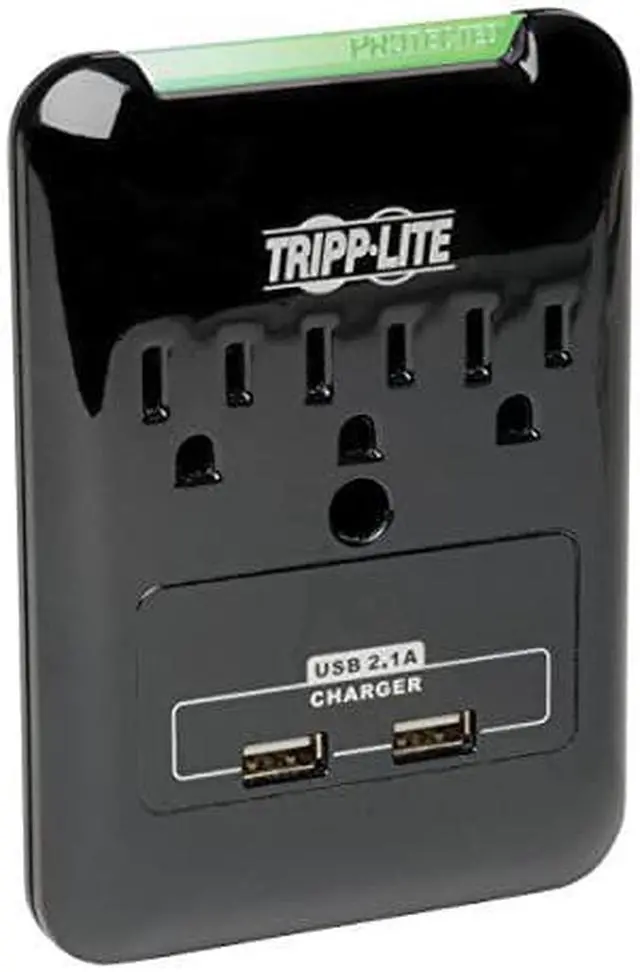 Main image of Tripp Lite 3 Outlet Portable Surge Protector Power Strip, Direct Plug in, 2 USB, & $5,000 Insurance (SK30USB) Black