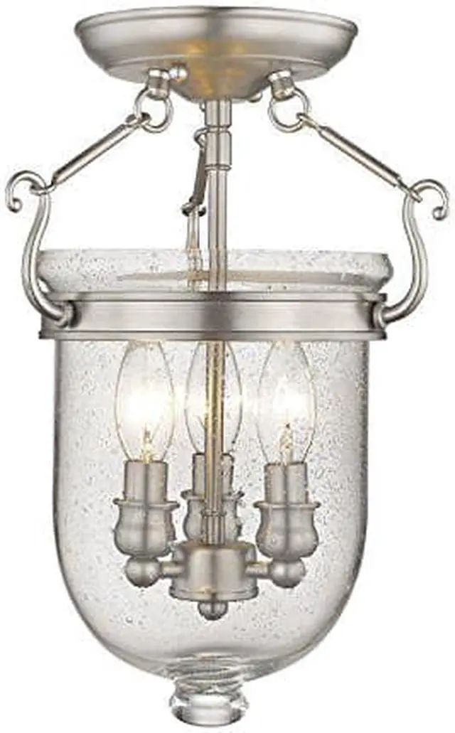 Main image of Livex Lighting 5081-91 Jefferson 3 Light Brushed Nickel Bell Jar Semi Flush with Seeded Glass