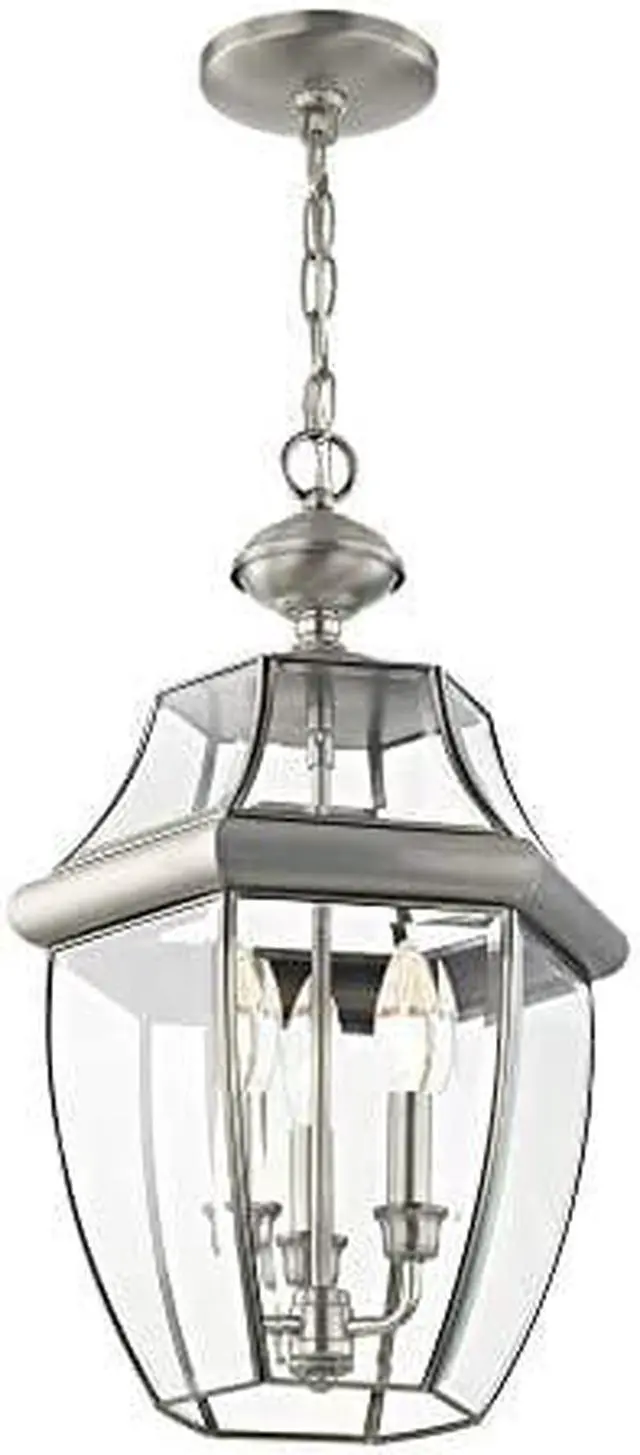 Main image of Livex Lighting 2355-91 Monterey 3 Light Outdoor Brushed Nickel Finish Solid Brass Hanging Lantern with Clear Beveled Glass