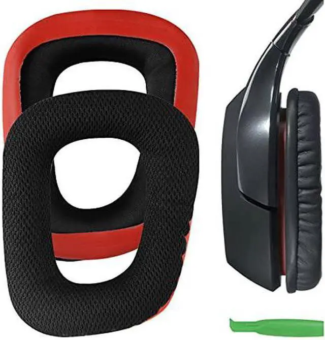 Alt view image 9 of 10 - Geekria Comfort Mesh Fabric Replacement Ear Pads for Logitech G35, G430, G432, G332, G930, F450 Headphones Ear Cushions, Headset Earpads, Ear Cups Repair Parts (Black Red)