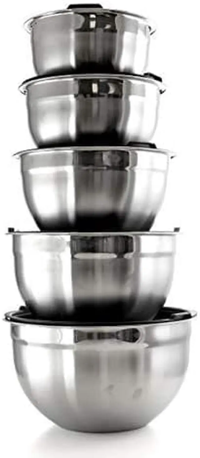 Main image of Megachef Stackable Mixing Bowl Set with Lids, 5 Piece Assorted Size, Silver Chrome