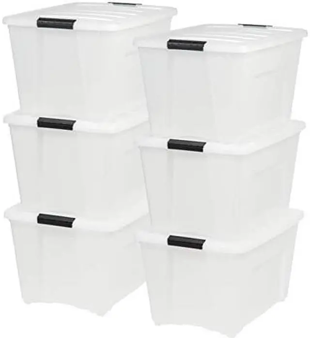 Alt view image 6 of 10 - IRIS USA 54 Qt Stackable Plastic Storage Bins with Lids, 6 Pack - BPA-Free, Made in USA - Discreet Organizing Solution, Latches, Durable Nestable Containers, Secure Pull Handle - Pearl
