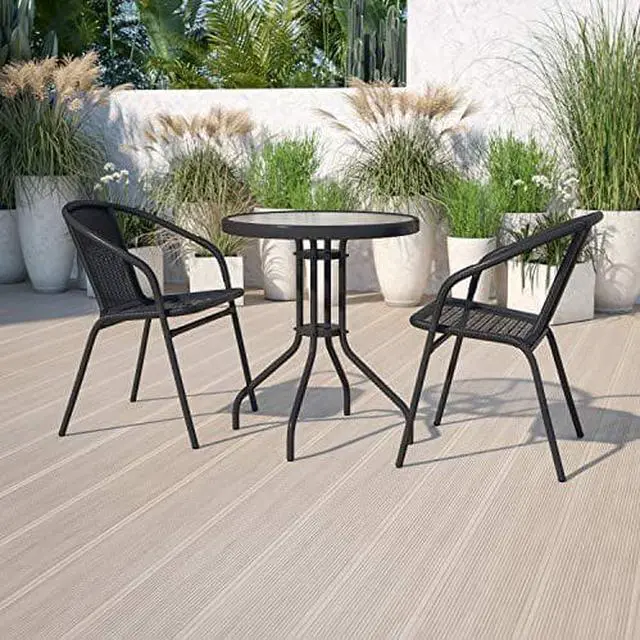 Alt view image 9 of 9 - Flash Furniture 23.75'' Round Glass Metal Table with 2 Black Rattan Stack Chairs