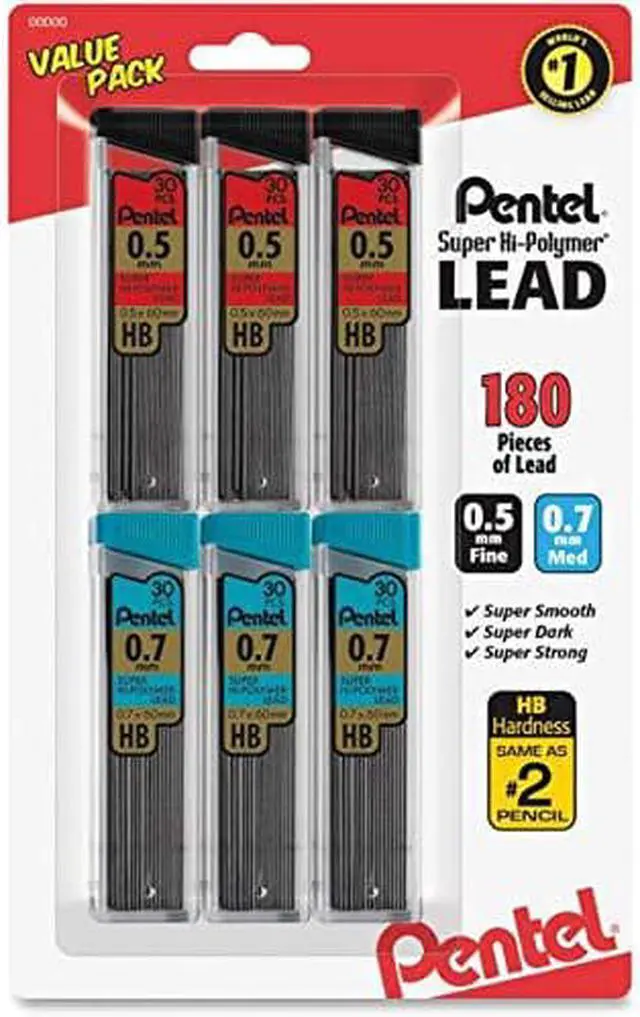 Alt view image 6 of 7 - Pentel C257BPHB6 Super Hi-Polymer Lead Refills, 0.5Mm, 0.7Mm, Hb, Black, 30/Tube, 6 Tubes/Pack