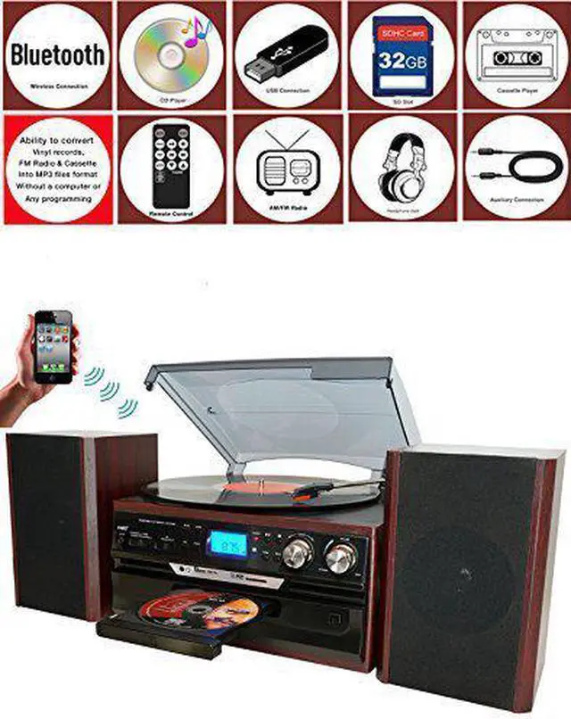 Alt view image 10 of 11 - 7-in-1 Boytone BT-24DJM Turntable with Bluetooth Connection, 3 Speed 33, 45, 78 Rpm, CD, Cassette Player AM, FM USB, SD