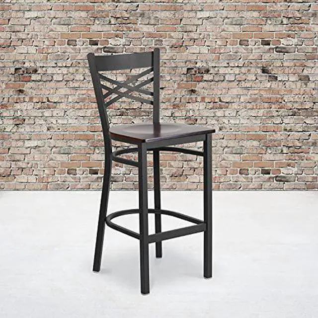 Alt view image 12 of 20 - HERCULES Series Black ''X'' Back Metal Restaurant Barstool - Walnut Wood Seat