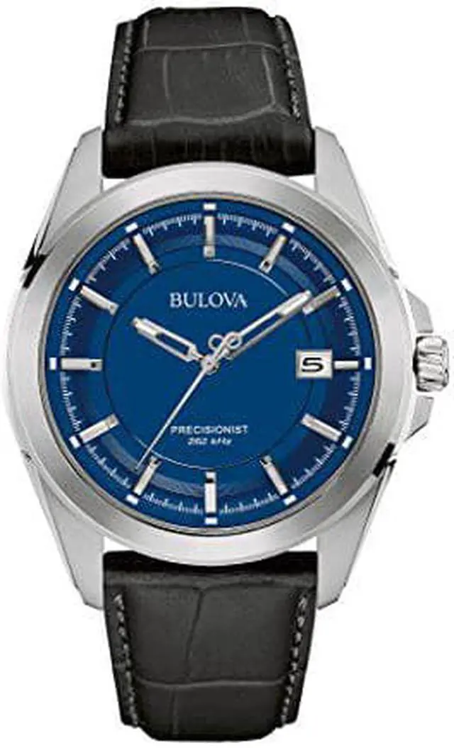 Main image of Bulova Precisionist Mens Watch, Stainless Steel with Black Leather Strap, Silver-Tone (Model: 96B257)
