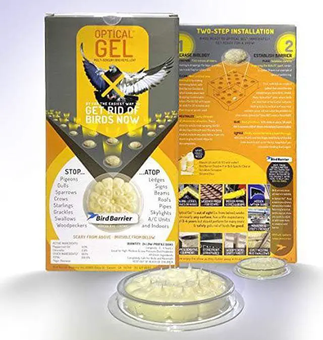 Main image of Bird Barrier Optical Gel (24 Pack) · Get rid of Birds: Pigeons, woodpeckers, Gulls, Crows, starlings, mud Swallows on ledges, Signs, Balconies, soffits, Beams, skylights, Signs, Roofs, HVAC, etc.