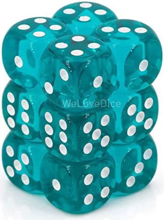Alt view image 5 of 5 - 6 Sided Cube 16mm Translucent Teal & White Dots 12ct Standard Size Durable Chessex Manufacturing