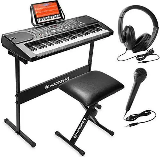 Alt view image 8 of 8 - Hamzer 61 Key Keyboard Piano with Built-In Speakers, Stand, Bench, Headphones, Microphone & Key Labels - Electronic Musical Keyboard Set for Beginners