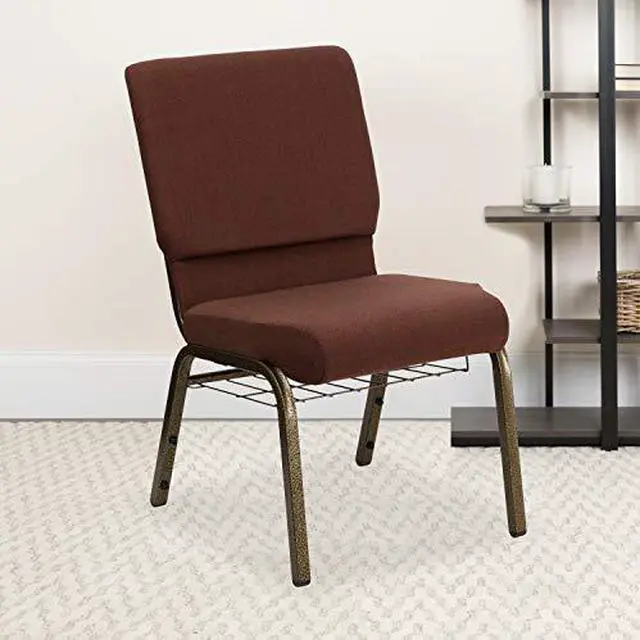 Alt view image 16 of 20 - HERCULES Series 18.5''W Church Chair in Brown Fabric with Cup Book Rack - Gold Vein Frame