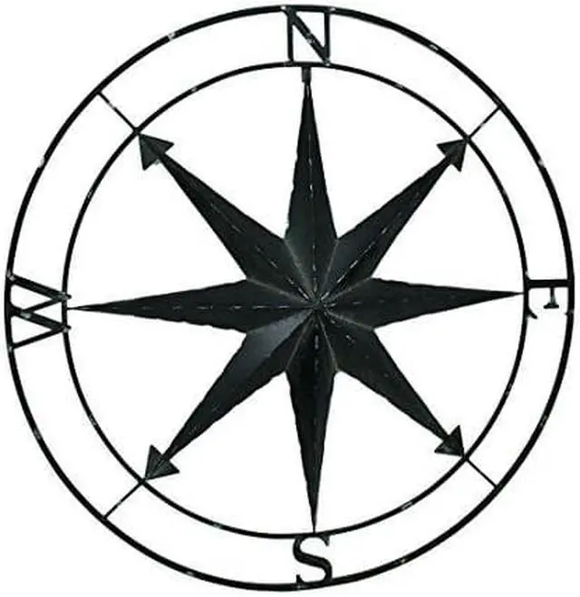 Alt view image 4 of 8 - Large Black Nautical Compass Rose Metal Wall Decor | 39.5 Indoor Outdoor Rustic Maritime Accent | Distressed Finish, Coastal Theme, Easy to Hang