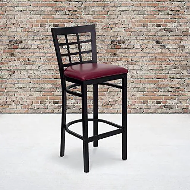 Alt view image 15 of 15 - HERCULES Series Black Window Back Metal Restaurant Barstool - Burgundy Vinyl Seat