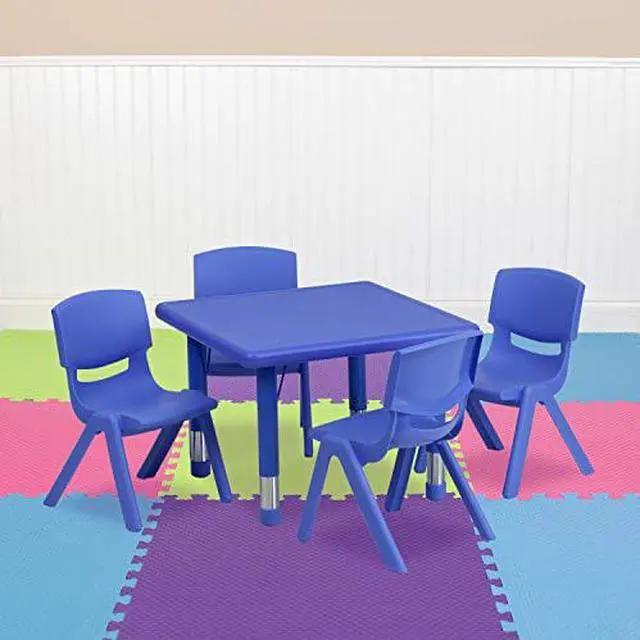 Alt view image 4 of 16 - 24'' Square Blue Plastic Height Adjustable Activity Table Set with 4 Chairs