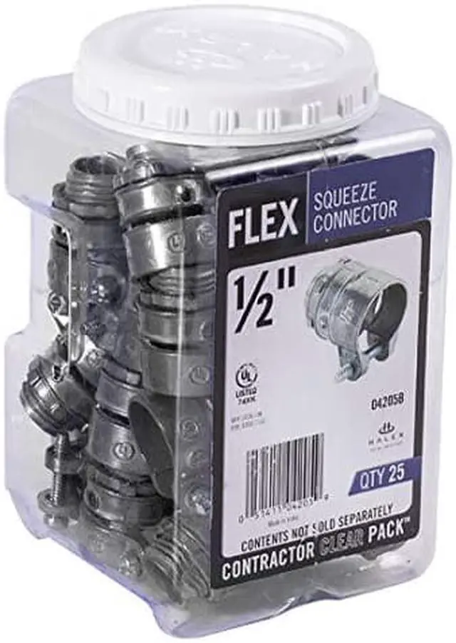 Main image of Halex, 1/2 in. Flexible Metal Conduit (FMC) Squeeze Connector , 04205B, 25 per pack , Silver