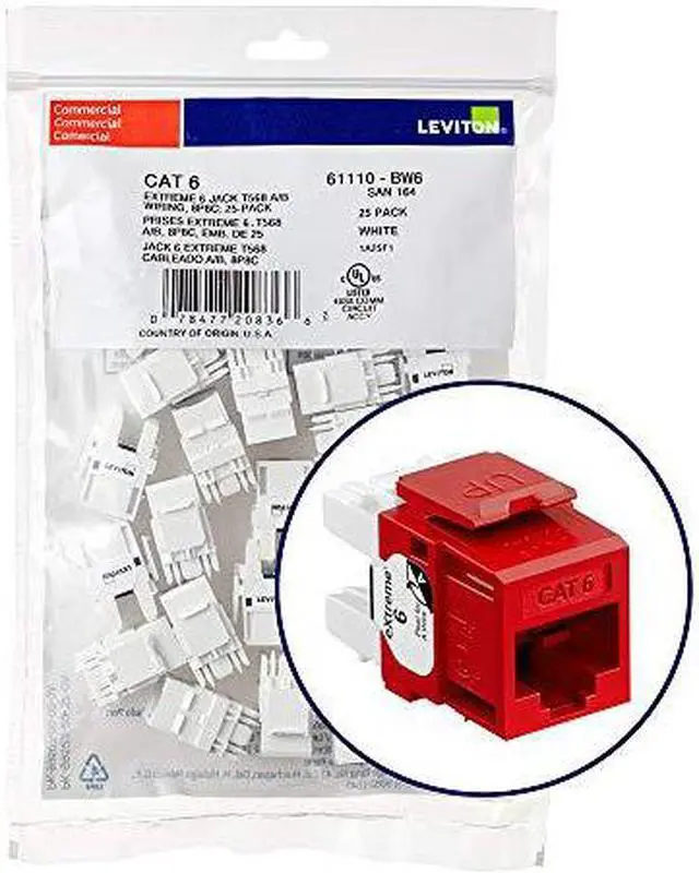 Main image of Leviton 61110-BC6 Extreme 6+ QuickPort Connector, CAT 6, Crimson, 25-Pack