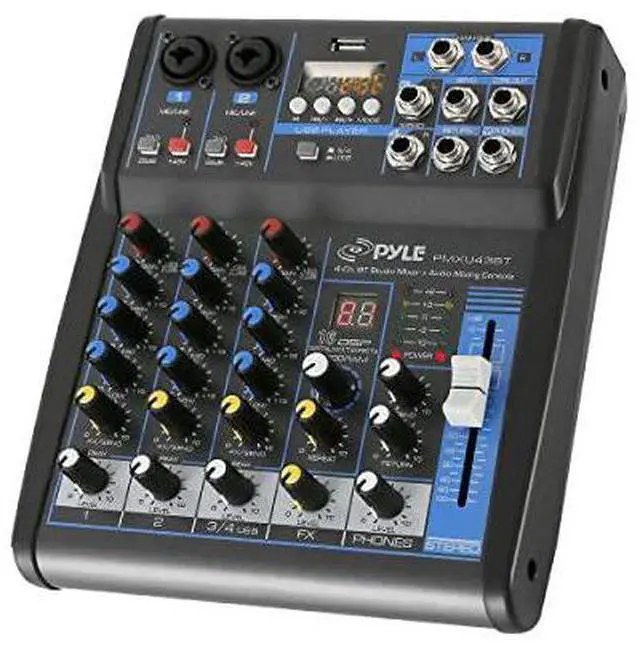 Alt view image 13 of 13 - Pyle Professional Audio Mixer Sound Board Console System Interface 4 Channel Digital USB Bluetooth MP3 Computer Input 48V Phantom Power Stereo DJ Studio Streaming FX 16-Bit DSP processor - (PMXU43BT)