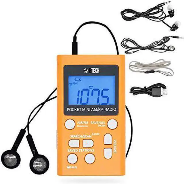 Main image of BTECH MPR-AF1 AM FM Personal Radio with Two Types of Stereo Headphones, Clock, Great Reception and Long Battery Life, Mini Pocket Walkman Radio with Headphones (Orange)