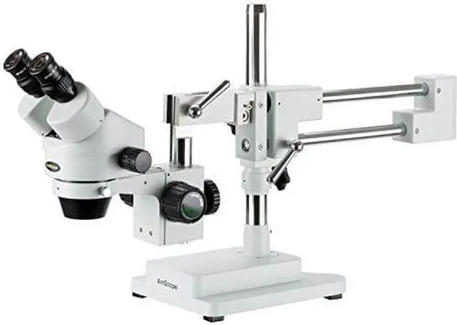 Main image of AmScope SM-4B Professional Binocular Stereo Zoom Microscope, WH10x Eyepieces, 7X-45X Magnification, 0.7X-4.5X Zoom Objective, Double-Arm Boom Stand