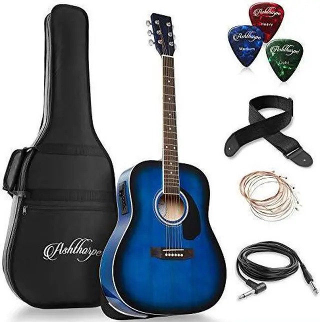 Alt view image 7 of 7 - Ashthorpe Full-Size Dreadnought Acoustic-Electric Guitar Bundle - Premium Tonewoods - Blue