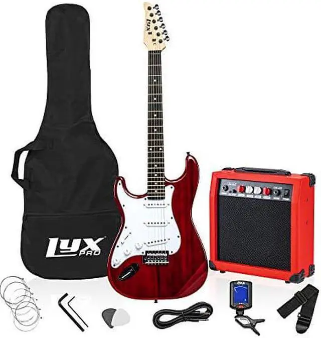 Main image of LyxPro Left Hand 39 Inch Electric Guitar and Starter Kit for Lefty Full Size Beginners Guitar, Amp, Six Strings, Two Picks, Shoulder Strap, Digital Clip On Tuner, Guitar Cable and Soft Case - Red