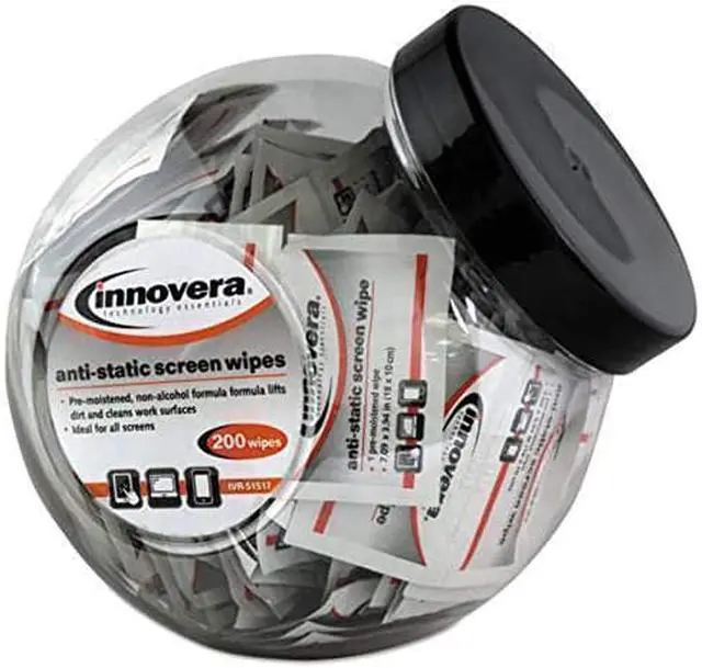 Alt view image 6 of 10 - Innovera 51517 Anti-Static Screen Cleaning Wipes, 200 Sachets, Fishbowl Black Top