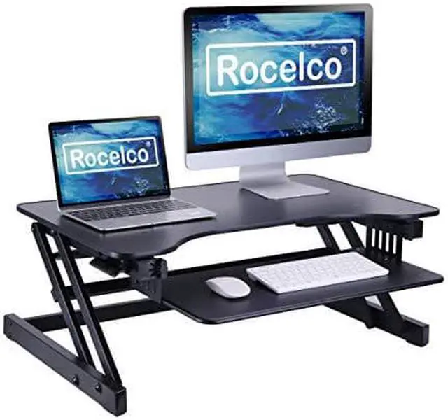 Alt view image 8 of 15 - Rocelco Height Adjustable Standing Desk Riser - ADR 32" wide - Black Finish - with Bonus Screen Cleaner