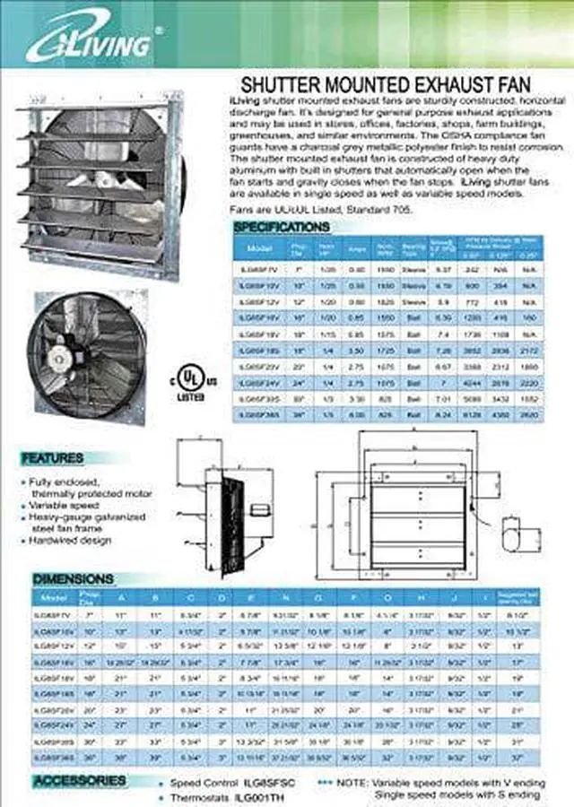 Alt view image 9 of 12 - iLIVING 10 Inch Variable Speed Shutter Exhaust Fan, Wall-Mounted, 820 CFM, 1200 SQF Coverage Area  (Power Cord Not Included)