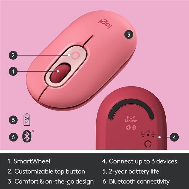 Alt view image 6 of 11 - Logitech POP Mouse, Wireless Mouse with Customizable Emojis, SilentTouch Technology, Precision/Speed Scroll, Compact Design, Bluetooth, Multi-Device, OS Compatible - Heartbreaker Rose