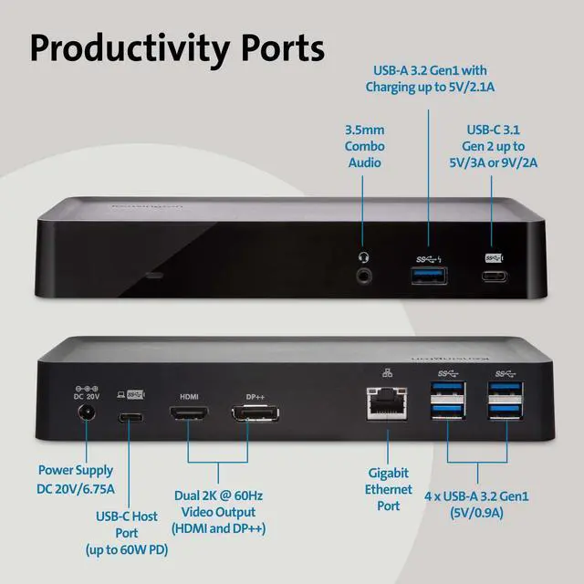 Alt view image 2 of 7 - Kensington SD4700P Displaylink Docking Station Dual Display for Any MacBook M1/M2/M3/M4 or Windows; 60W Power Delivery; TAA Compliant (K38240NA)