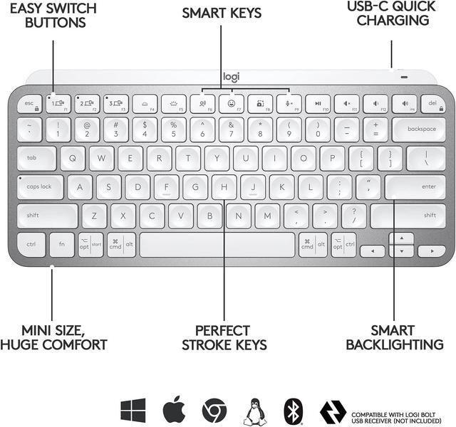 Alt view image 7 of 12 - Logitech MX Keys Mini Minimalist Wireless Illuminated Keyboard, Compact, Bluetooth, USB-C, for Apple macOS, iOS, Windows, Linux, Android - Pale Gray - With Free Adobe Creative Cloud Subscription