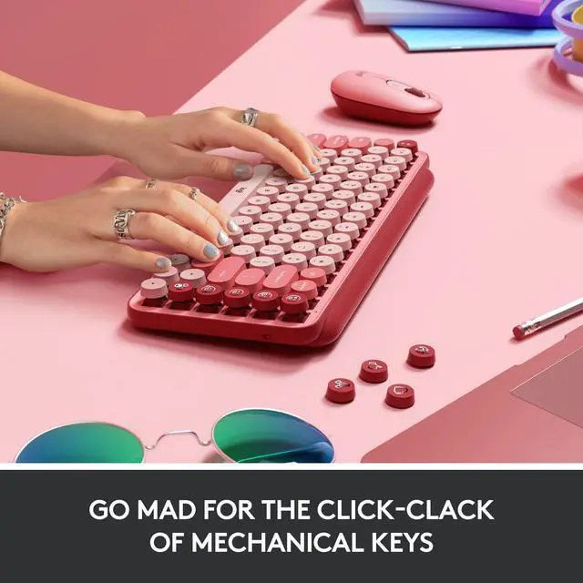 Alt view image 9 of 11 - Logitech POP Mechanical Wireless Keyboard - Customizable Emoji Keys, Durable Compact Design, Bluetooth or USB Connectivity, Multi-Device, OS Compatible - Heartbreaker Rose