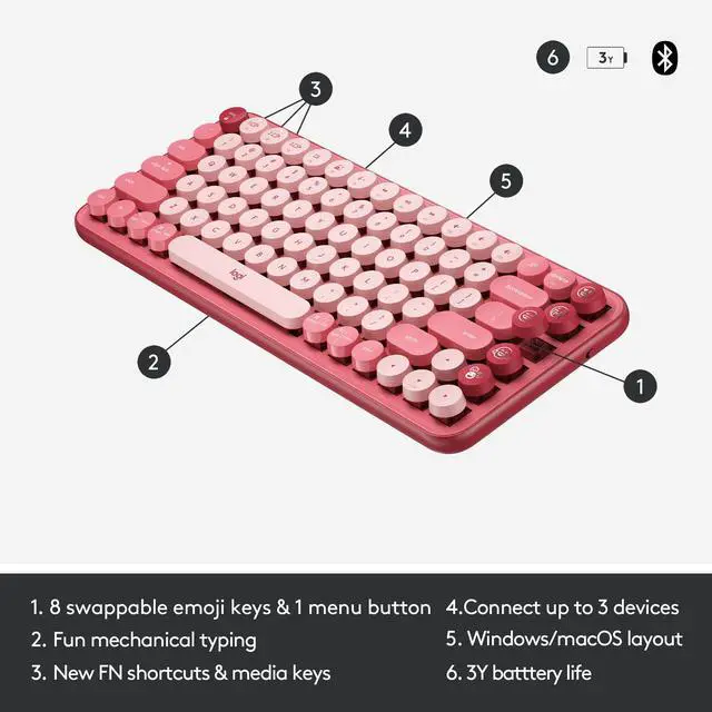 Alt view image 6 of 11 - Logitech POP Mechanical Wireless Keyboard - Customizable Emoji Keys, Durable Compact Design, Bluetooth or USB Connectivity, Multi-Device, OS Compatible - Heartbreaker Rose