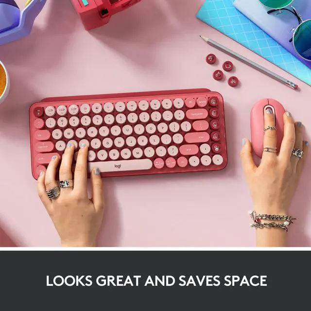 Alt view image 10 of 11 - Logitech POP Mechanical Wireless Keyboard - Customizable Emoji Keys, Durable Compact Design, Bluetooth or USB Connectivity, Multi-Device, OS Compatible - Heartbreaker Rose
