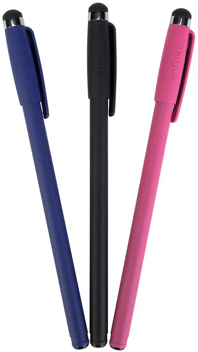 Main image of - Slim Stylus Pens for Tablets, Smartphones - Compatible with Apple iPad, Samsung Galaxy & All Touchscreen Devices - Durable Rubber Tips - 3 Pack, Black, Blue, Red - AMM0601TBUS