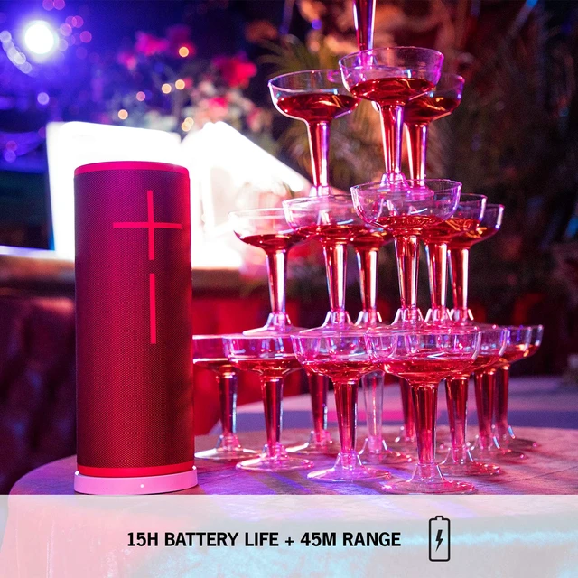 Alt view image 7 of 7 - Boom 3 Wireless Bluetooth Speaker, Bold Sound + Deep Bass, Bluetooth, Magic Button, Waterproof, 15 Hours Battery, Range of 150 ft, Sunset Red