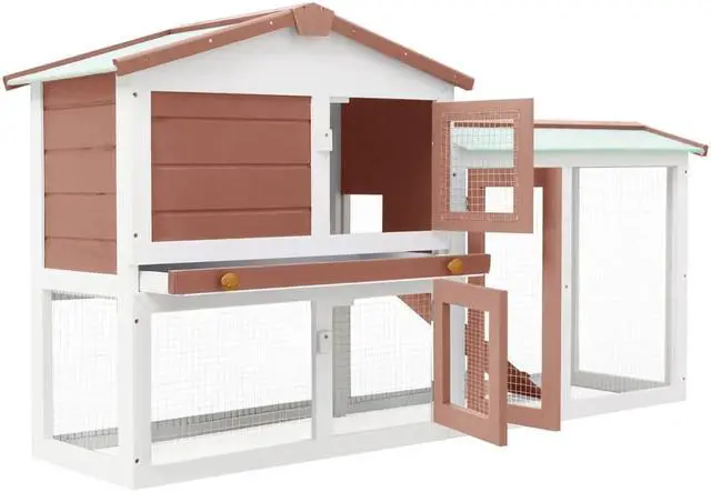 Alt view image 5 of 8 - vidaXL Outdoor Large Rabbit Hutch Brown and White 57.1"x17.7"x33.5" Wood