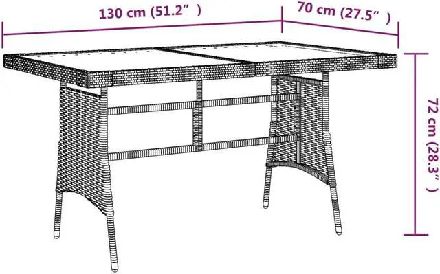 Alt view image 6 of 12 - vidaXL Patio Table Gray 51.2"x27.6"x28.3" Poly Rattan & Solid Acacia Wood