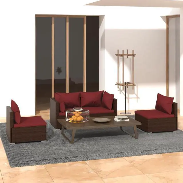 Alt view image 5 of 10 - vidaXL 4 Piece Patio Lounge Set with Cushions Poly Rattan Brown