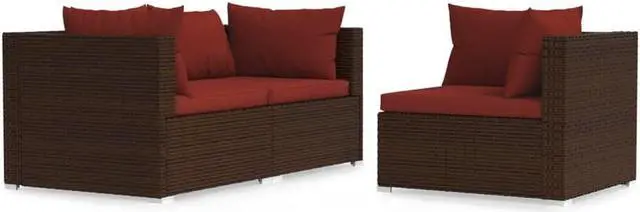 Alt view image 6 of 14 - vidaXL 3 Piece Patio Lounge Set with Cushions Brown Poly Rattan