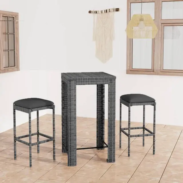 Alt view image 7 of 13 - vidaXL 3 Piece Garden Bar Set with Cushions Poly Rattan Gray