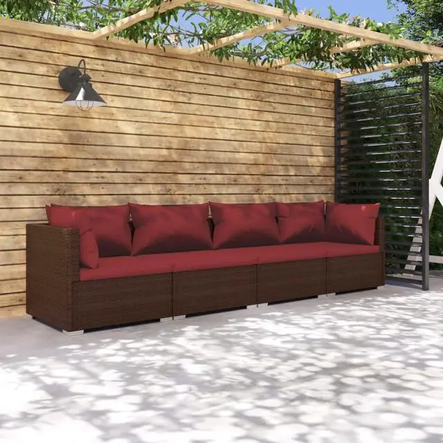 Alt view image 5 of 10 - vidaXL 4 Piece Patio Lounge Set with Cushions Poly Rattan Brown