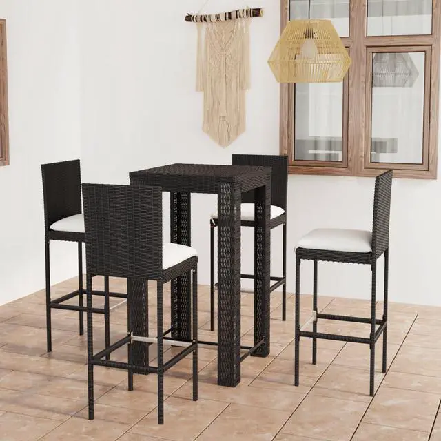 Alt view image 7 of 13 - vidaXL 5 Piece Outdoor Bar Set with Cushions Poly Rattan Black