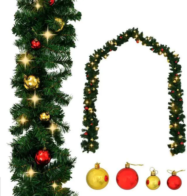 Alt view image 14 of 17 - vidaXL Christmas Garland Artificial Garland with Baubles and LED Lights Green