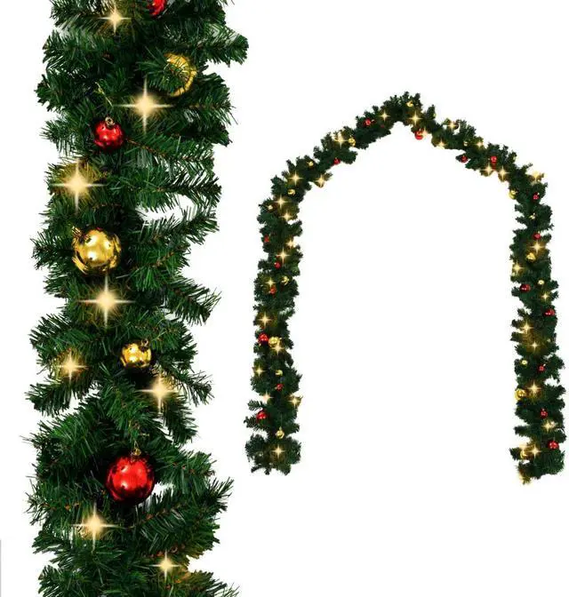 Alt view image 15 of 17 - vidaXL Christmas Garland Artificial Garland with Baubles and LED Lights Green
