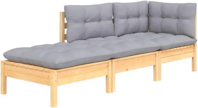 Alt view image 3 of 15 - vidaXL 3 Piece Patio Lounge Set with Gray Cushions Solid Pinewood