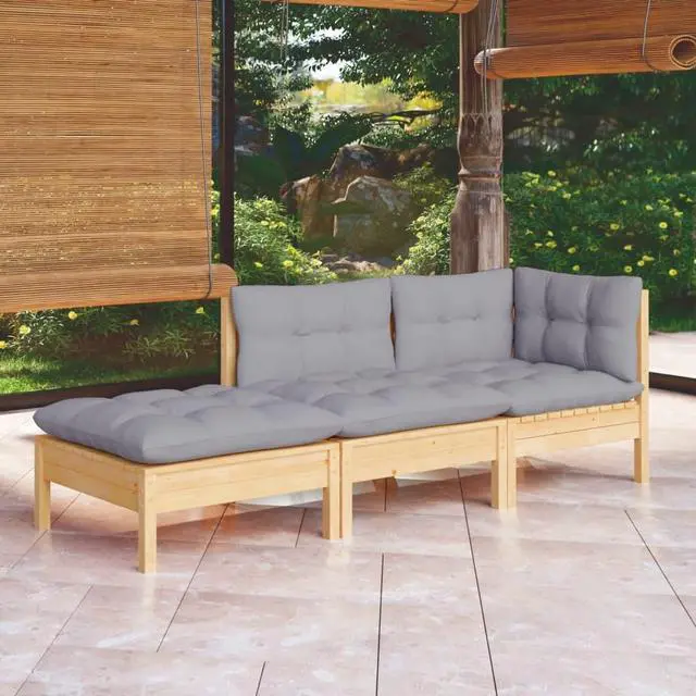 Main image of vidaXL 3 Piece Patio Lounge Set with Gray Cushions Solid Pinewood